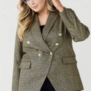 Nine West 1X Plaid Double-Breasted Women’s Blazer - Classic Workwear gold button
